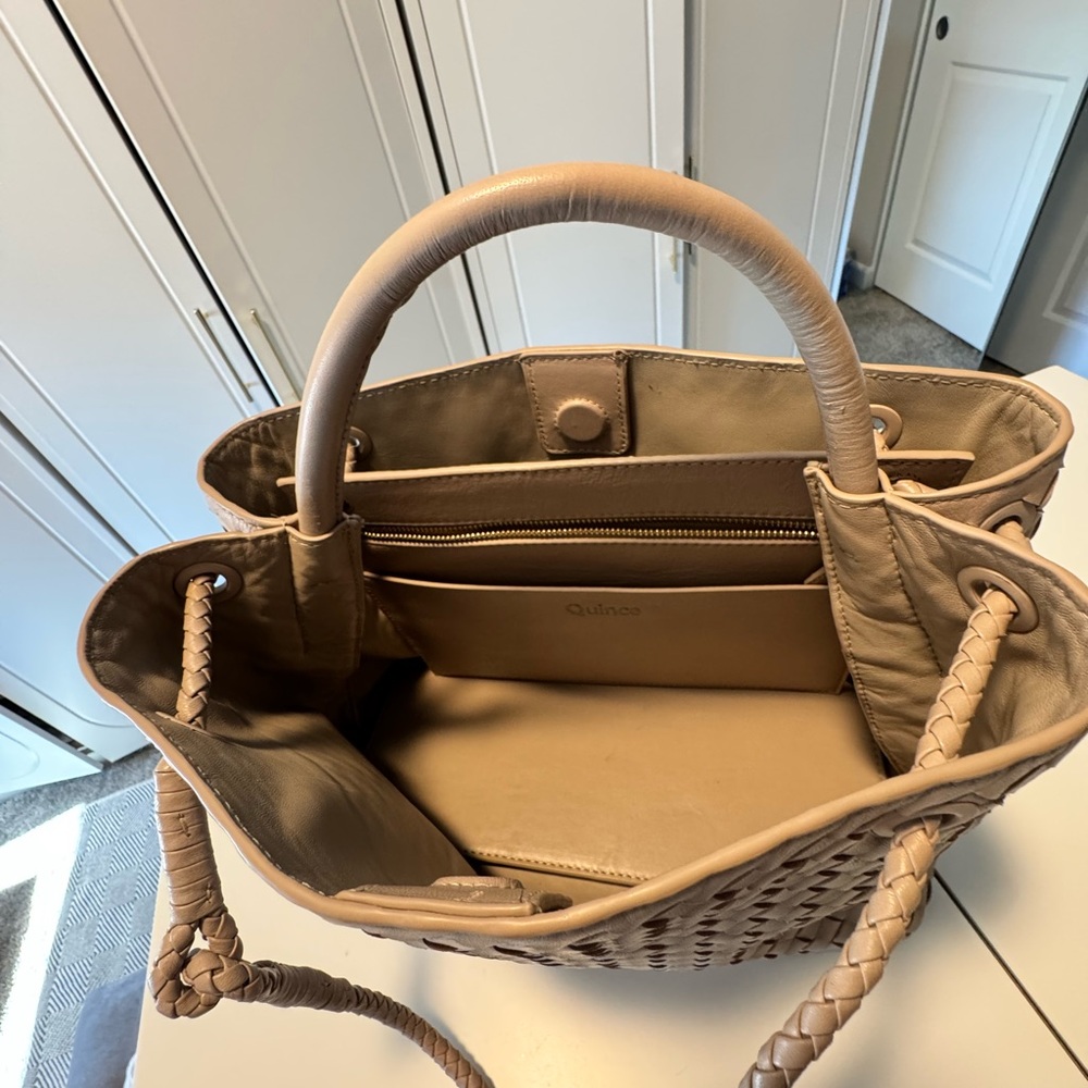 Quince Italian Leather Hand Woven Satchel in Taupe - Picture 10 of 12